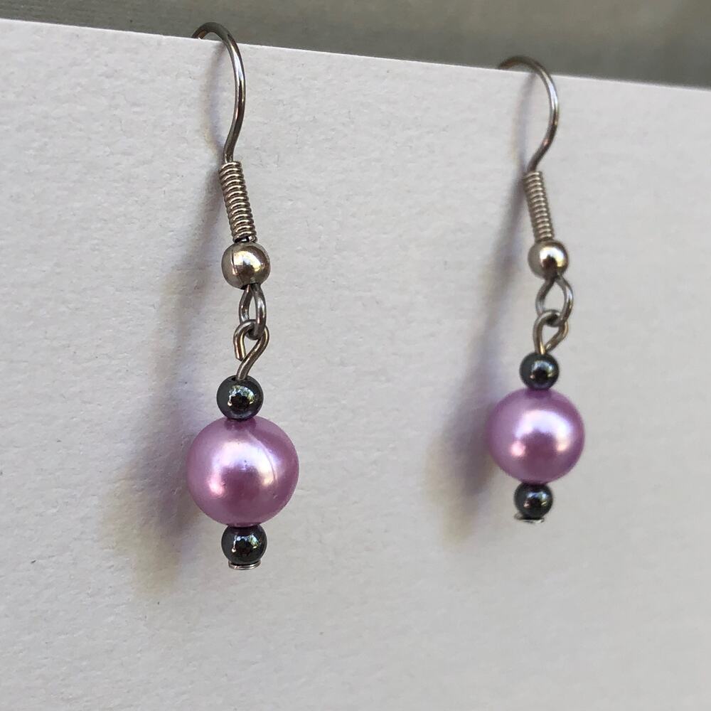 Purple Gray Dangle Statement Earrings Hook Upcycled Faux Pearls Handmade Gift